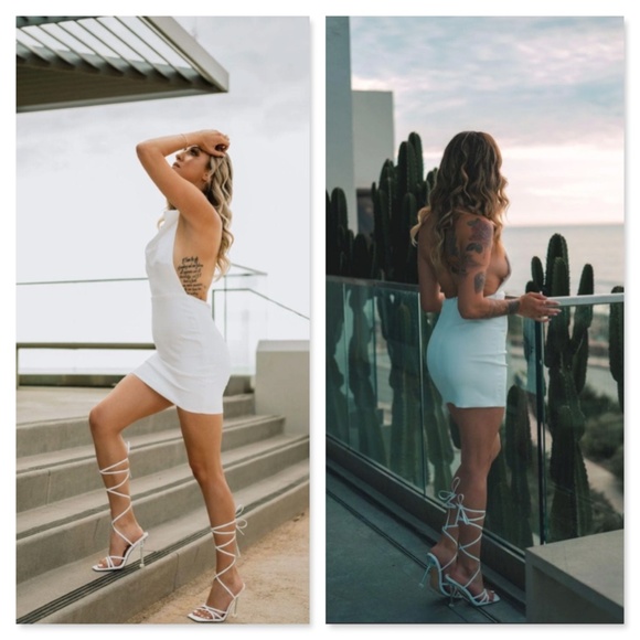 White Mini Dress Draped Front Backless Short Halter Neck - Picture 7 of 10